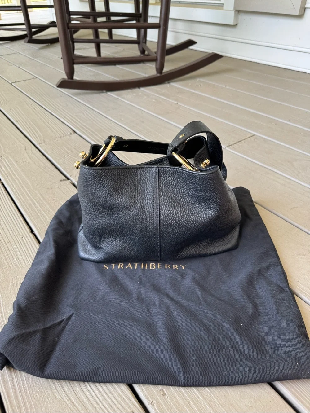 Strathberry Black Pebbled Leather Shoulder Hobo with Gold Hardware